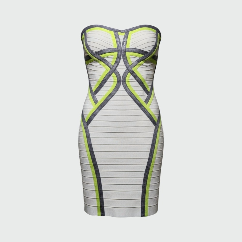 Herve Leger Bandage Dress Small Birch Lime Gray Bodycon Strappy Cutout S